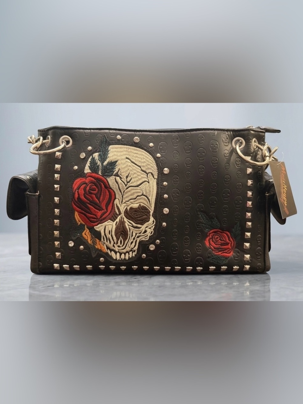 Skull and Roses Embroidery Embossed Studded Concealed Carry Shoulder Bag